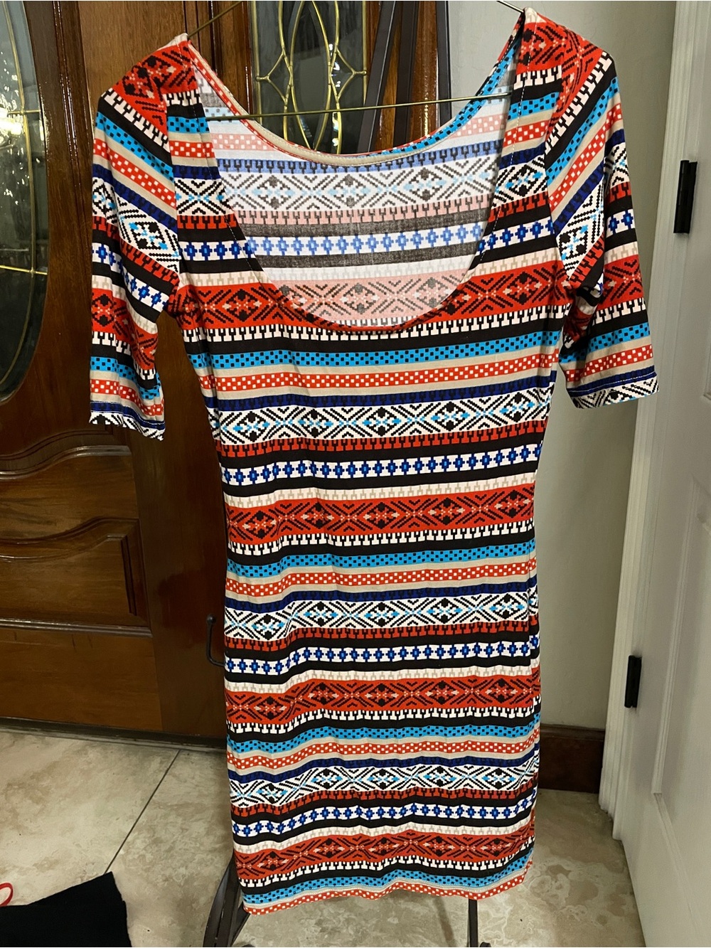 Fashin Ova XS Striped Tribal Print Scoop Neck Women's Dress in Red & Turquoise